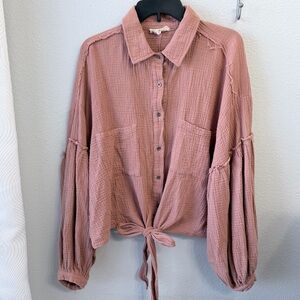 Elegant Mauve Button-Down Tie-Front Shirt